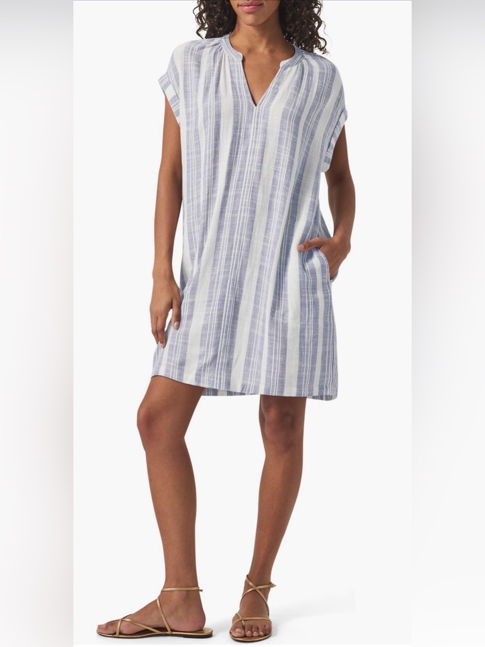Splendid Lauren Stripe Shift Minidress Cap Sleeve Split Neck Large Linen Blend